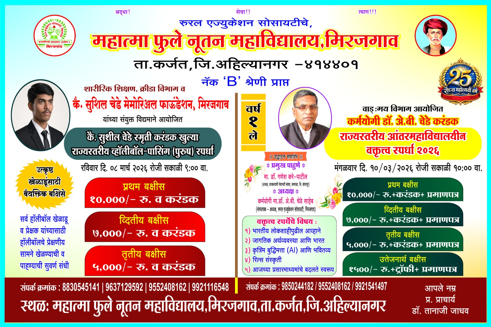 महात्मा फुले नूतन महाविद्यालयात राज्यस्तरीय वक्तृत्व व हॉलीबॉल स्पर्धेचे आयोजन!